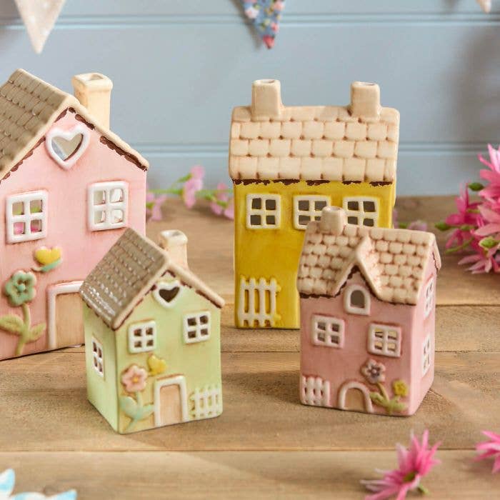 Ceramic Green House Small With Embossed Flower Painted Tea Light Holder - Mid March Drop