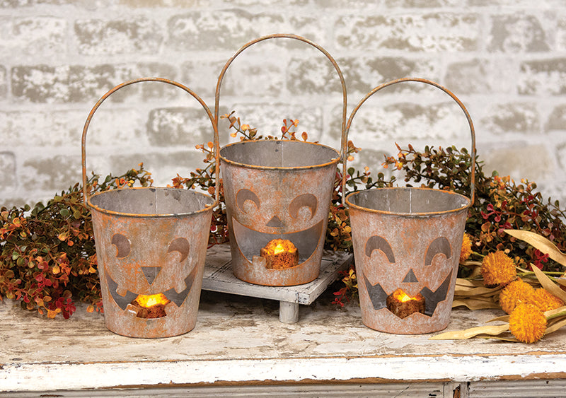Distressed Metal Jack O Lantern Luminary Bucket Assorted - July Drop