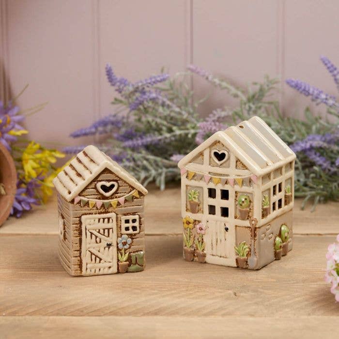 Stoneware Green House with Embossed Flowers Tea Light Holder - Arriving in Store June