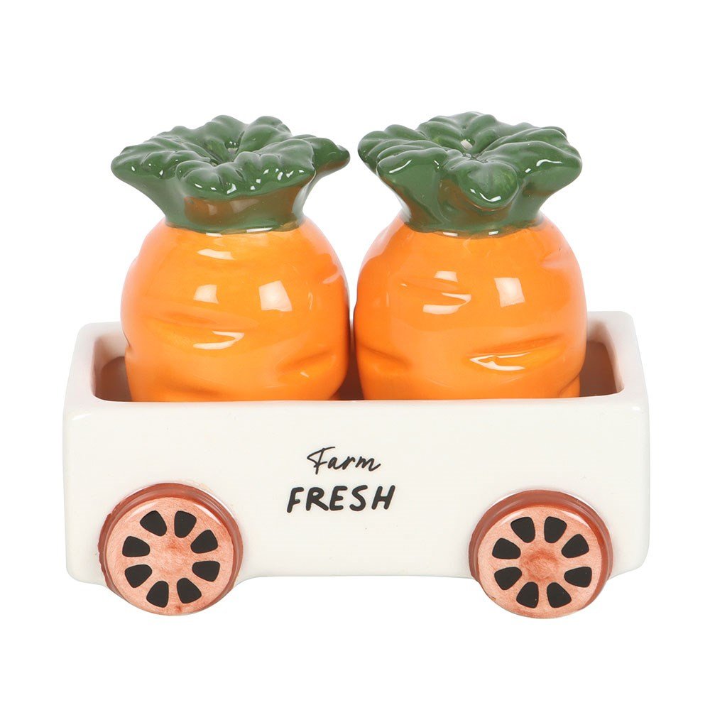 Carrot Shaped Ceramic Salt and Pepper Shakers in Wagon