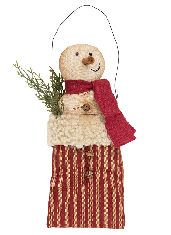 Stuffed Jingle Snowman with Pine In Ticking Stripe Sack Hanger - September Drop