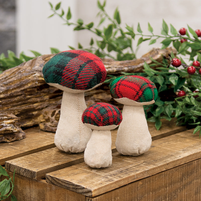 3 Set - Stuffed Red & Green Plaid Mushroom Sitters - September Drop