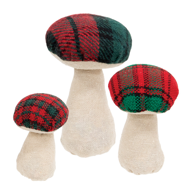 3 Set - Stuffed Red & Green Plaid Mushroom Sitters - September Drop