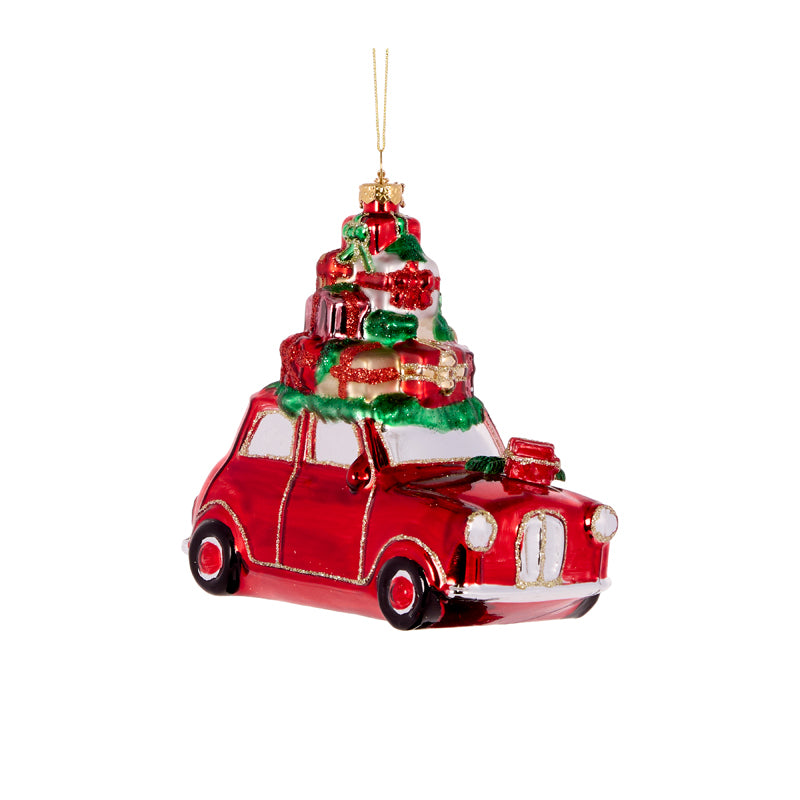 Car With Presents Glass Ornament - Arriving in Store October