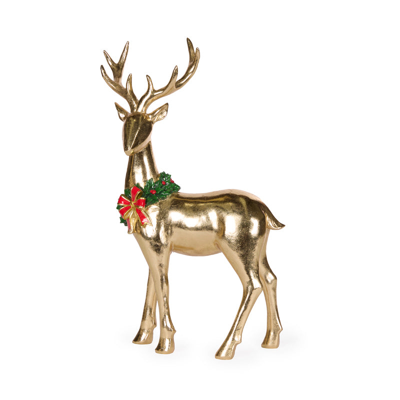 Standing Gold Reindeer With Bow Garland 33cm - Arriving in Store October