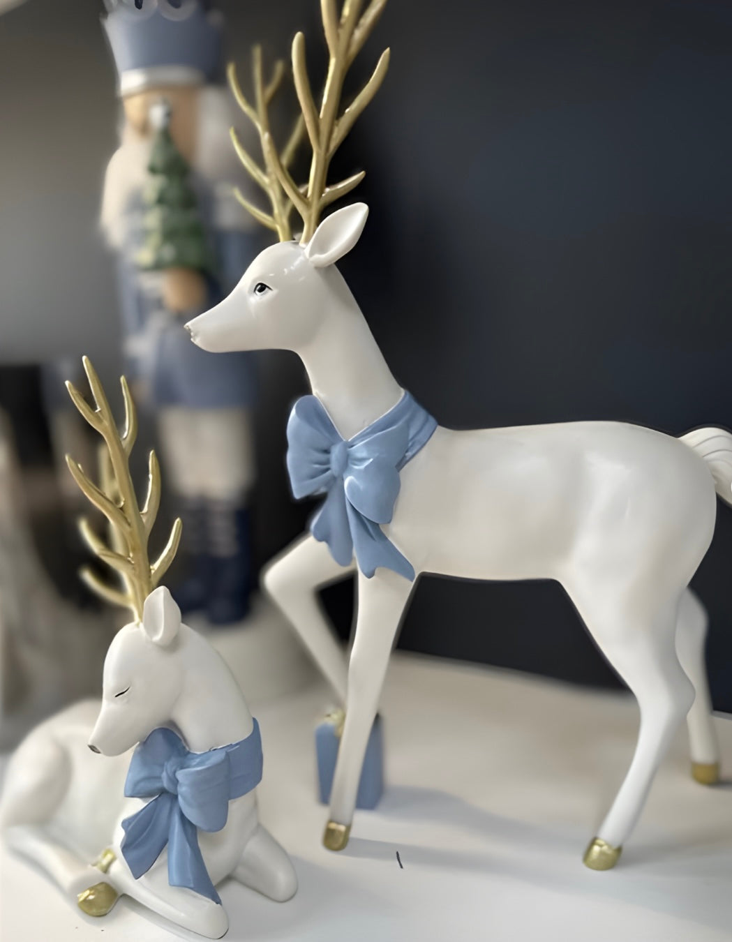 Standing White Reindeer Blue Bow - October Drop
