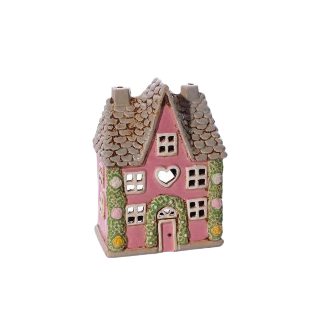 Stoneware Cottage House Candle Holder With Rose Garland - Arriving in Store Mid-April