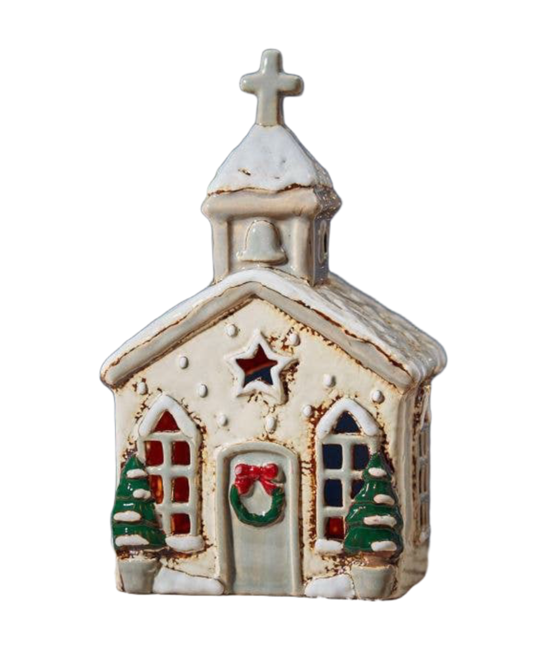 Xmas Church Tealight Holder Natural Embossed Stoneware - Arriving in Store June