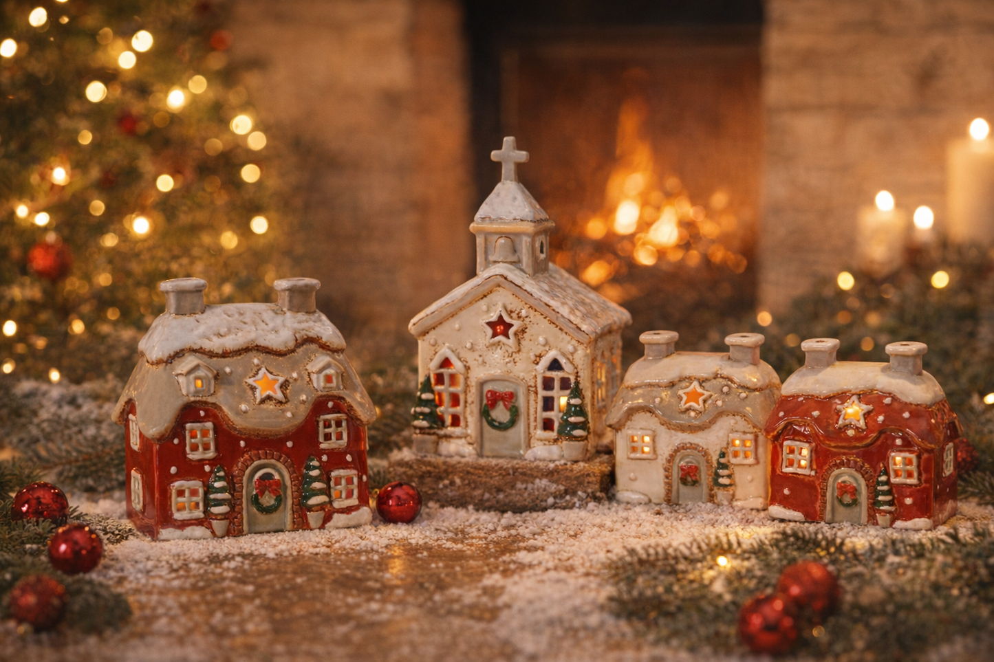 Xmas Cottage Tealight Holder Red Or White Stoneware - Arriving in Store July