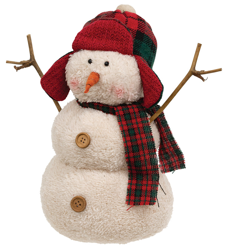 Stuffed Sherpa Snowman with Red & Green Plaid Hunting Hat & Scarf - September Drop