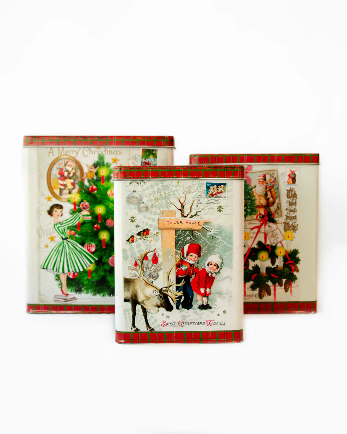 CHRISTMAS VINTAGE SCENE TINS RECTANGLE SET OF 3 - SEPTEMBER DROP