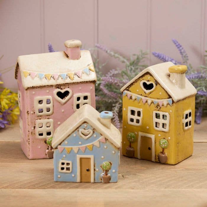 Stoneware Blue House with Embossed Bunting Tea Light Holder - Mid March Drop