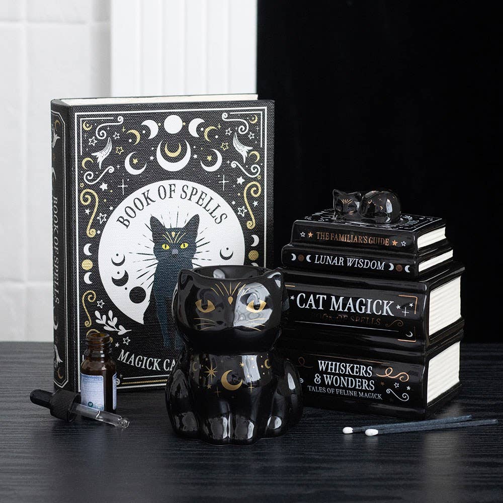 Black Cat Book Stack Oil Burner with Cat - Arriving in Store September