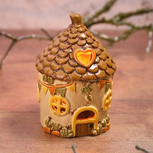 Toadstool Tales Stoneware House Hand Painted with Brown Roof Candle Holder - Arriving in Store June