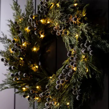 Heritage Frosted Navy Berry Norfolk Cypress Wreath 24" - LED Pre Lit - Arriving in Store October