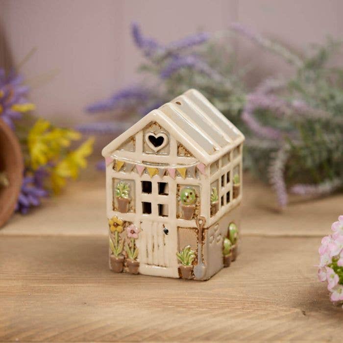 Stoneware Green House with Embossed Flowers Tea Light Holder - Arriving in Store June