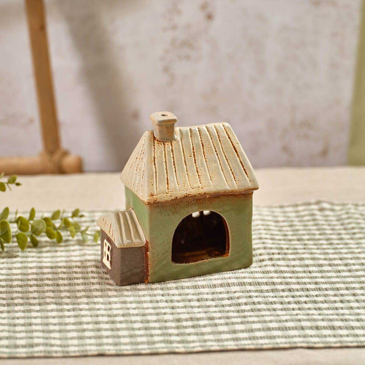 Stoneware Sage Green House Embossed Candle Holder - Arriving in Store Mid-April