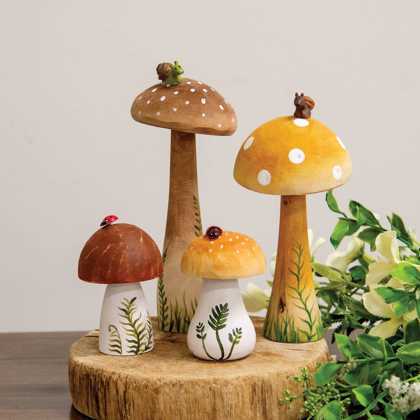 Wooden Handpainted Mushroom Sitter with Snail - 7.5"H