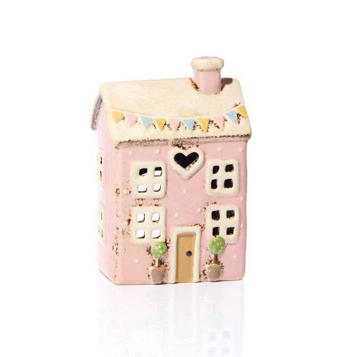 Stoneware Pink House with Embossed Bunting Tea Light Holder - Mid March Drop
