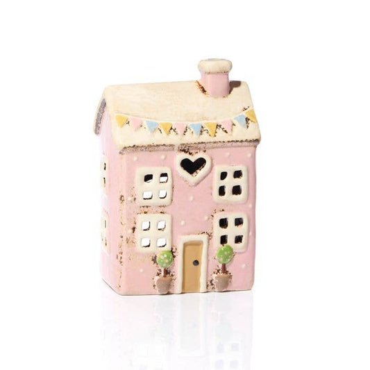 Stoneware Pink House with Embossed Bunting Tea Light Holder - Mid March Drop