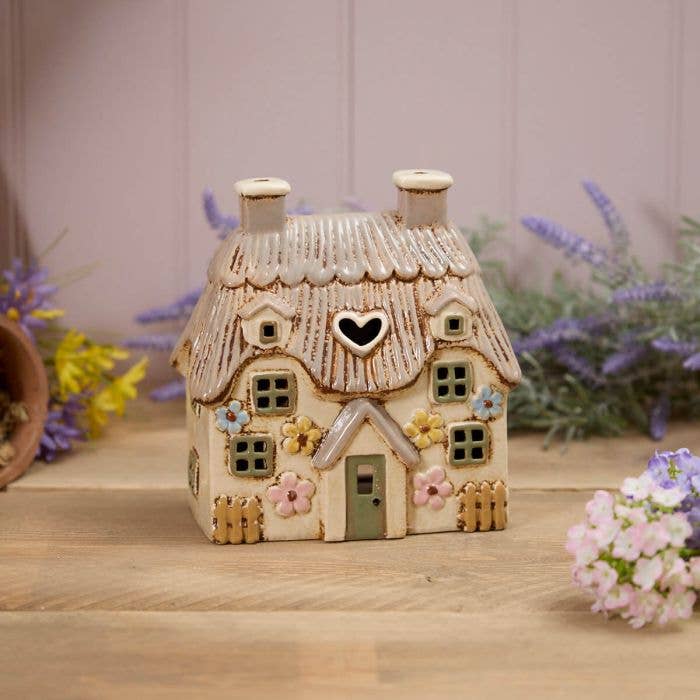 Village Pottery Tealight Large Thatched Cottage with Embossed Flowers and Green Door - Arriving in Store late May