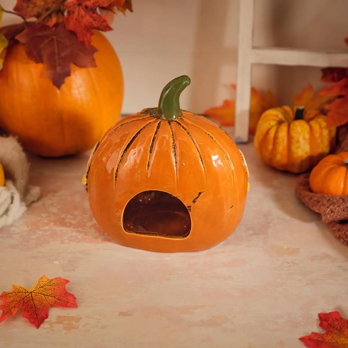 Harvest Home Stoneware Shaped Pumpkin House Hand Painted Tea Light Holder - Arriving in Store June