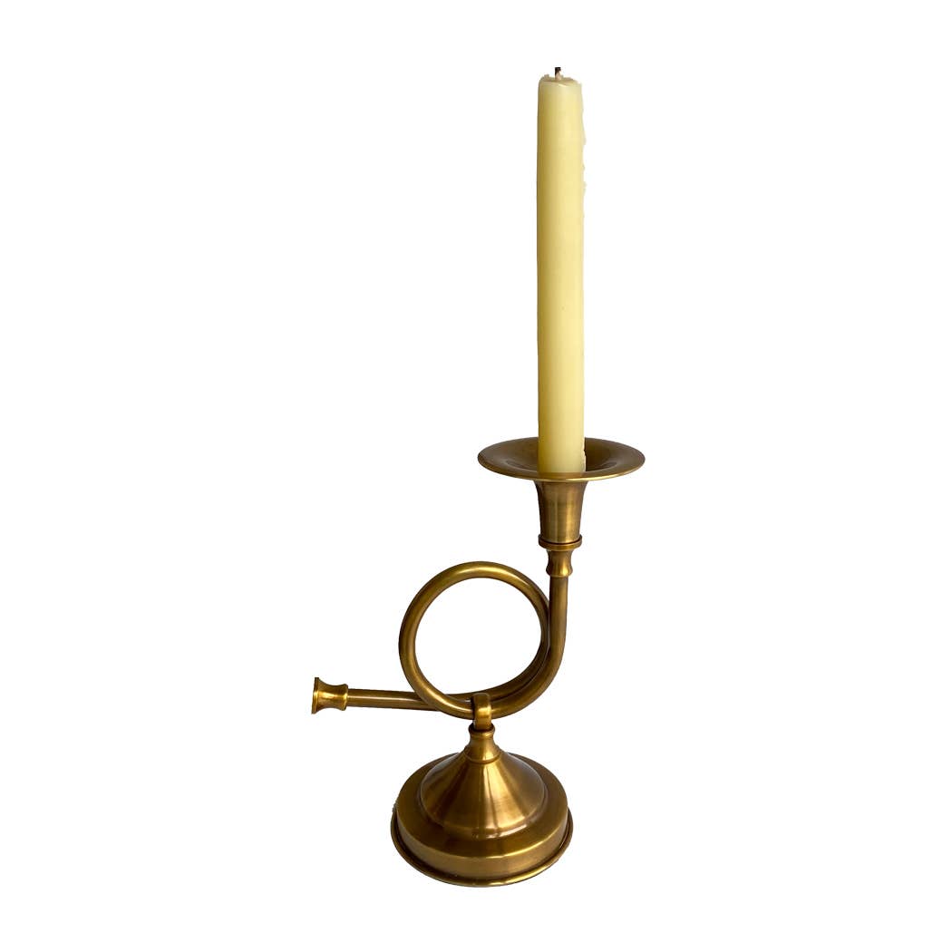 Brass French Horn Fox Hunt Candle Stick Holder, 8-1/4"
