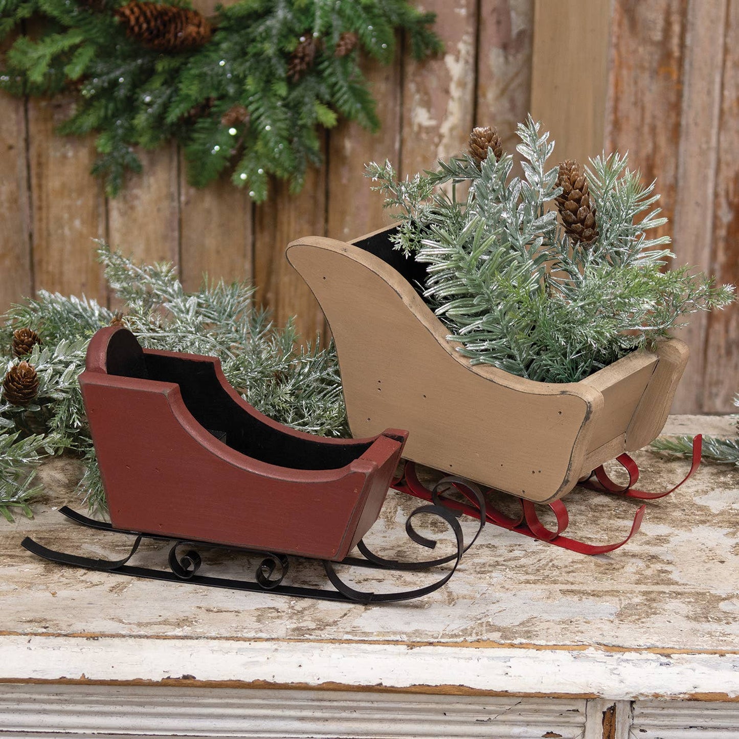Distressed Red & Black Wooden Sleigh - Early December Drop
