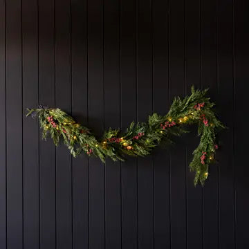 Heritage Frosted Red Berry Norfolk Cypress Garland 6ft - LED Pre Lit - Arriving in Store October