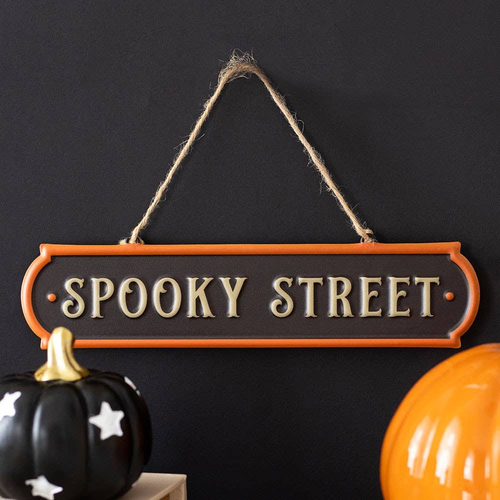 Spooky Street Hanging Metal Sign - Arriving in Store September