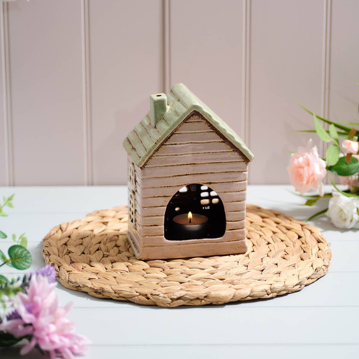 Cottage Garden Stoneware House Candle Holder with Bunting - Arriving in Store Mid-April