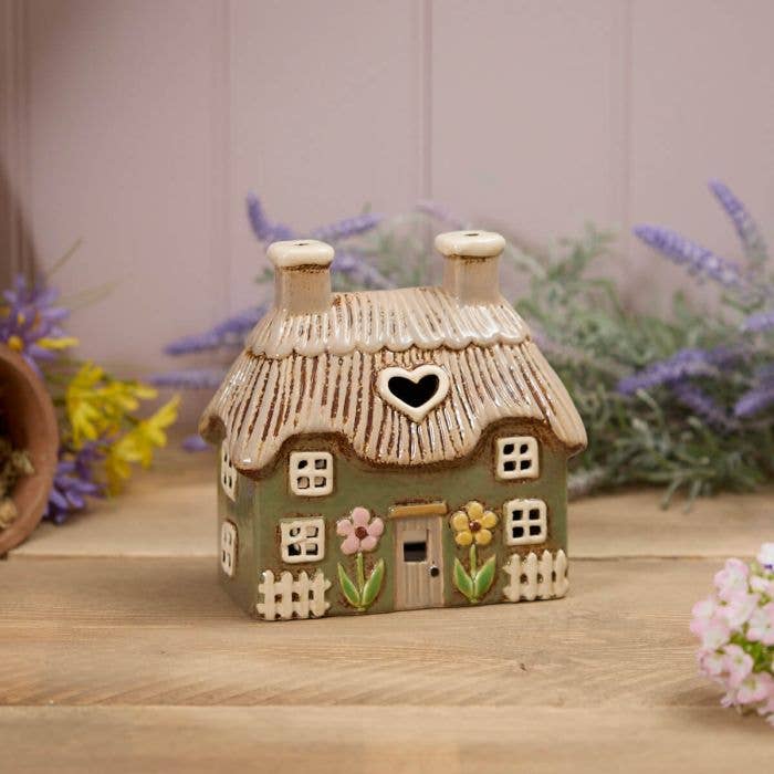 Village Pottery Tealight Green Thatched Cottage with Embossed Flowers - Arriving in Store Mid-May