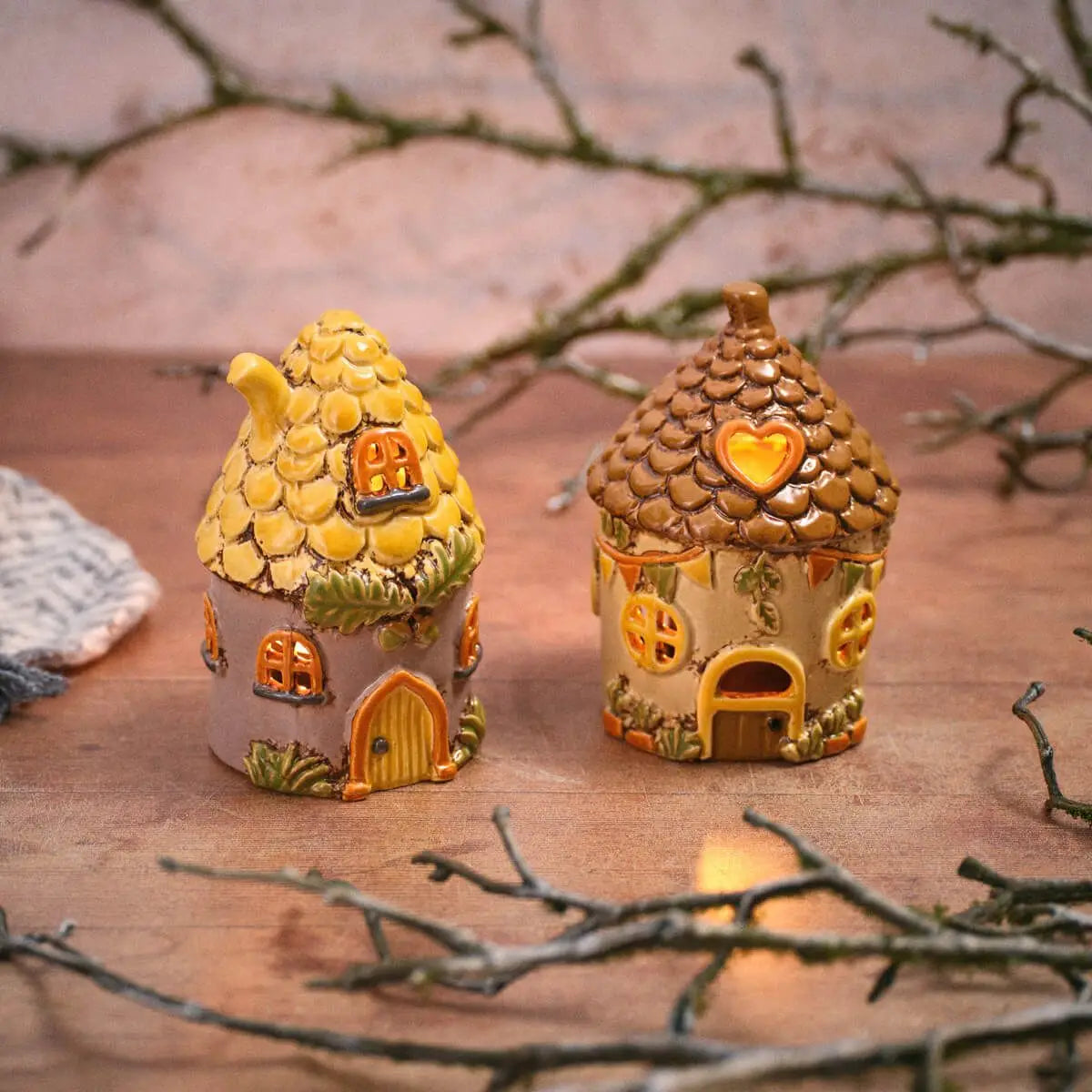 Toadstool Tales Stoneware House Hand Painted with Brown Roof Candle Holder - Arriving in Store June