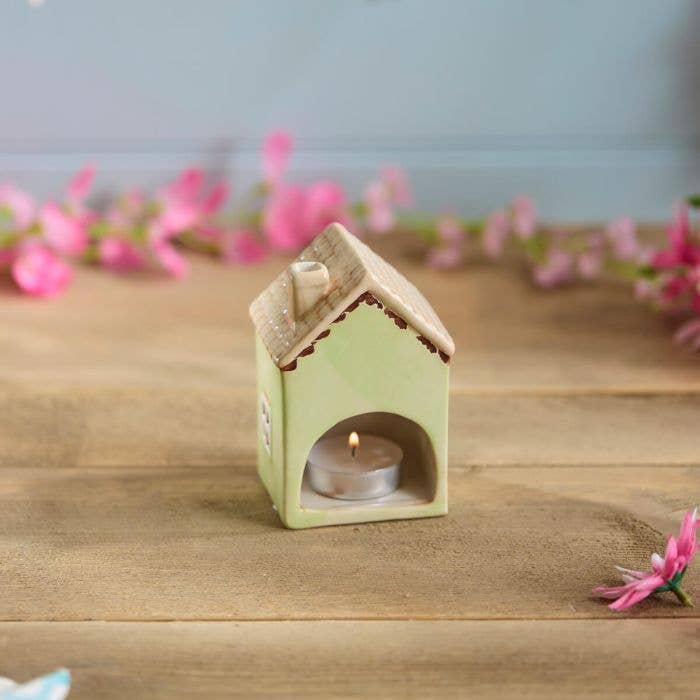 Ceramic Green House Small With Embossed Flower Painted Tea Light Holder - Mid March Drop