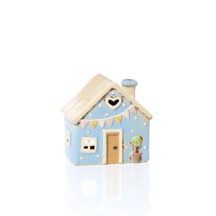 Stoneware Blue House with Embossed Bunting Tea Light Holder - Mid March Drop