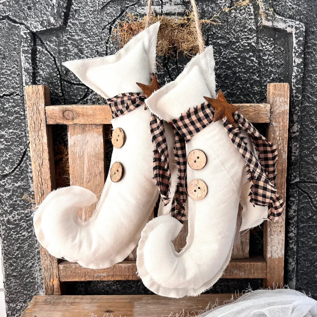 Halloween Rustic Primitive Hanging Witch Boots | Natural - Arriving in Store September