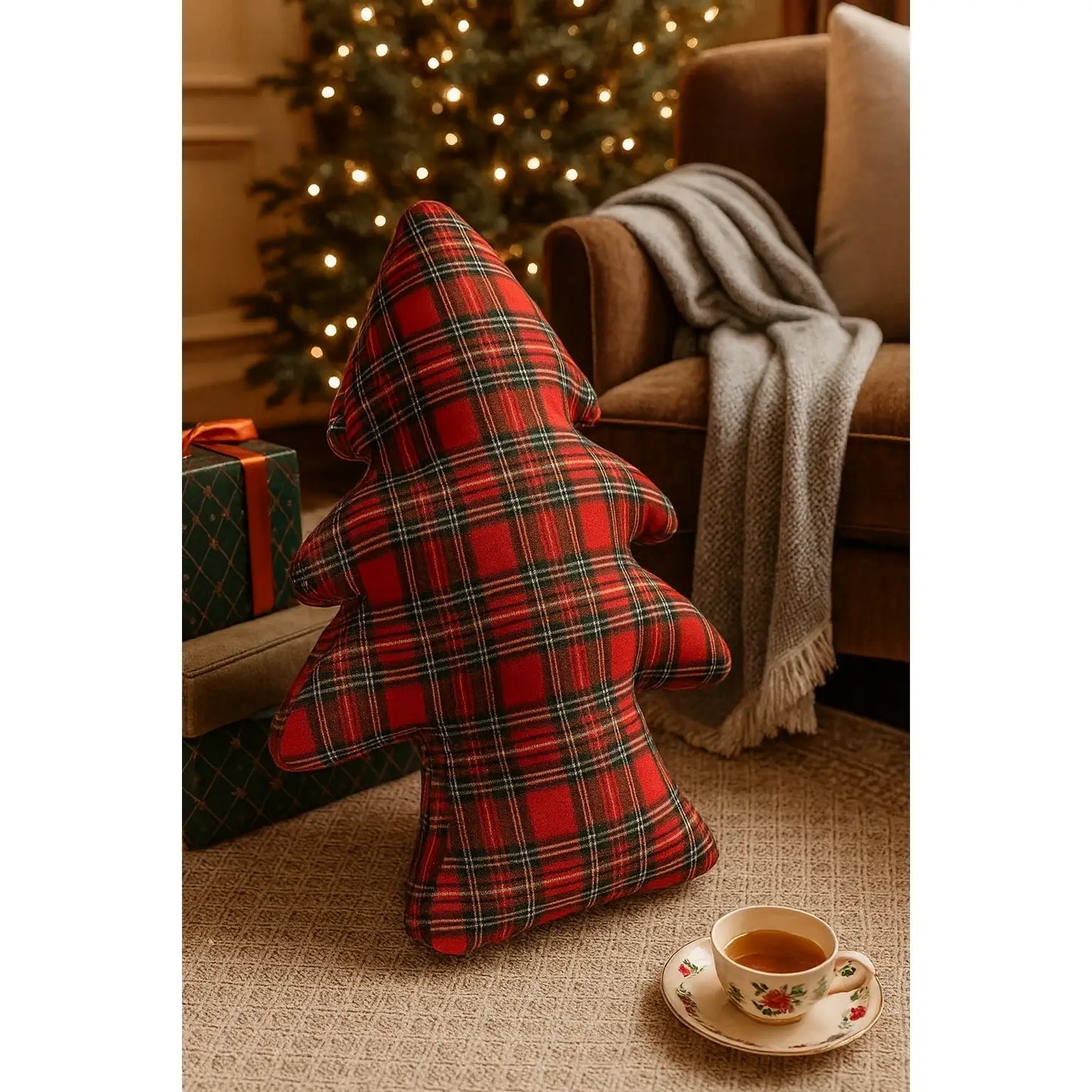 Red Tartan Plaid Christmas Tree Shaped Filled Pillow - Arriving in Store September