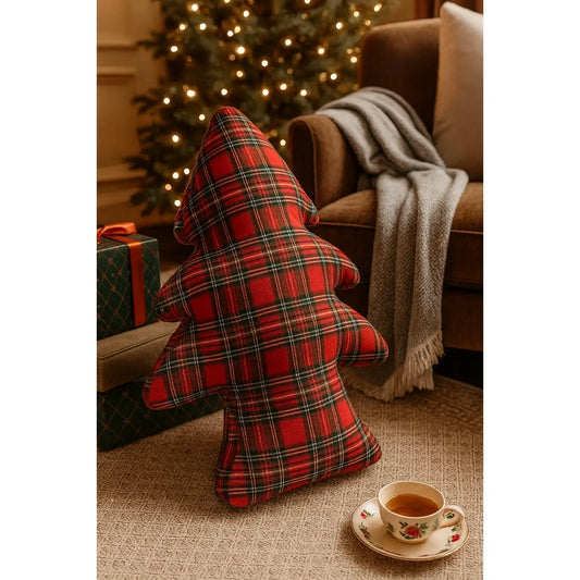 Red Tartan Plaid Christmas Tree Shaped Filled Pillow - Arriving in Store September