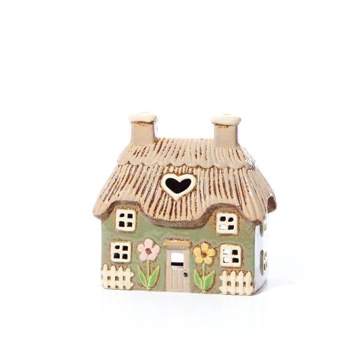 Village Pottery Tealight Green Thatched Cottage with Embossed Flowers - Arriving in Store Mid-May