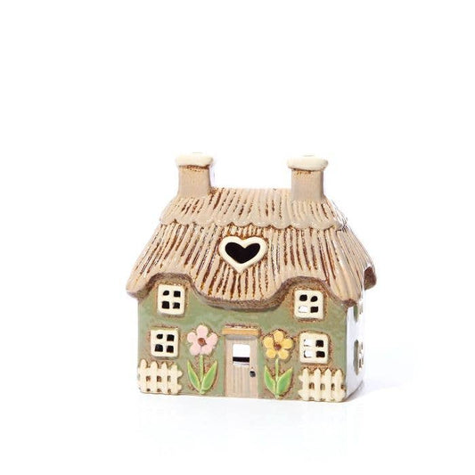 Village Pottery Tealight Green Thatched Cottage with Embossed Flowers - Arriving in Store Mid-May