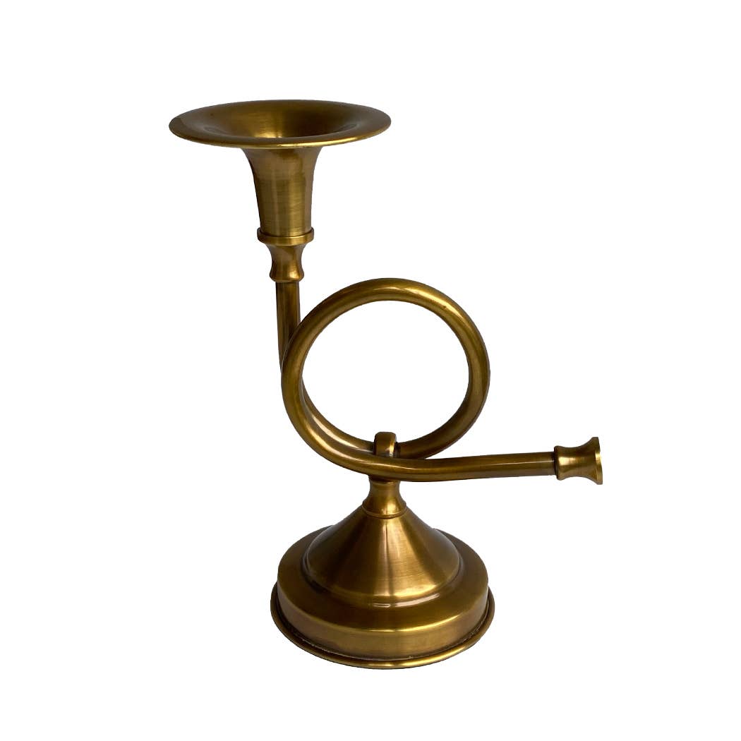 Brass French Horn Fox Hunt Candle Stick Holder, 8-1/4"