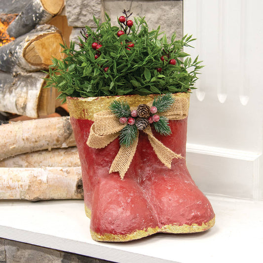Distressed Red & Gold Painted Metal Santa Boot Pair