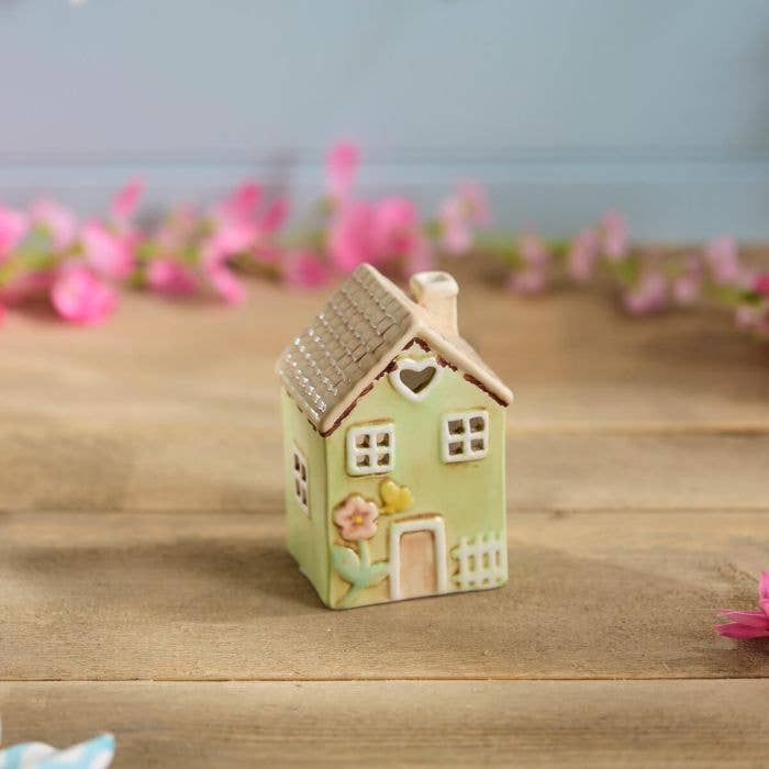 Ceramic Green House Small With Embossed Flower Painted Tea Light Holder - Mid March Drop