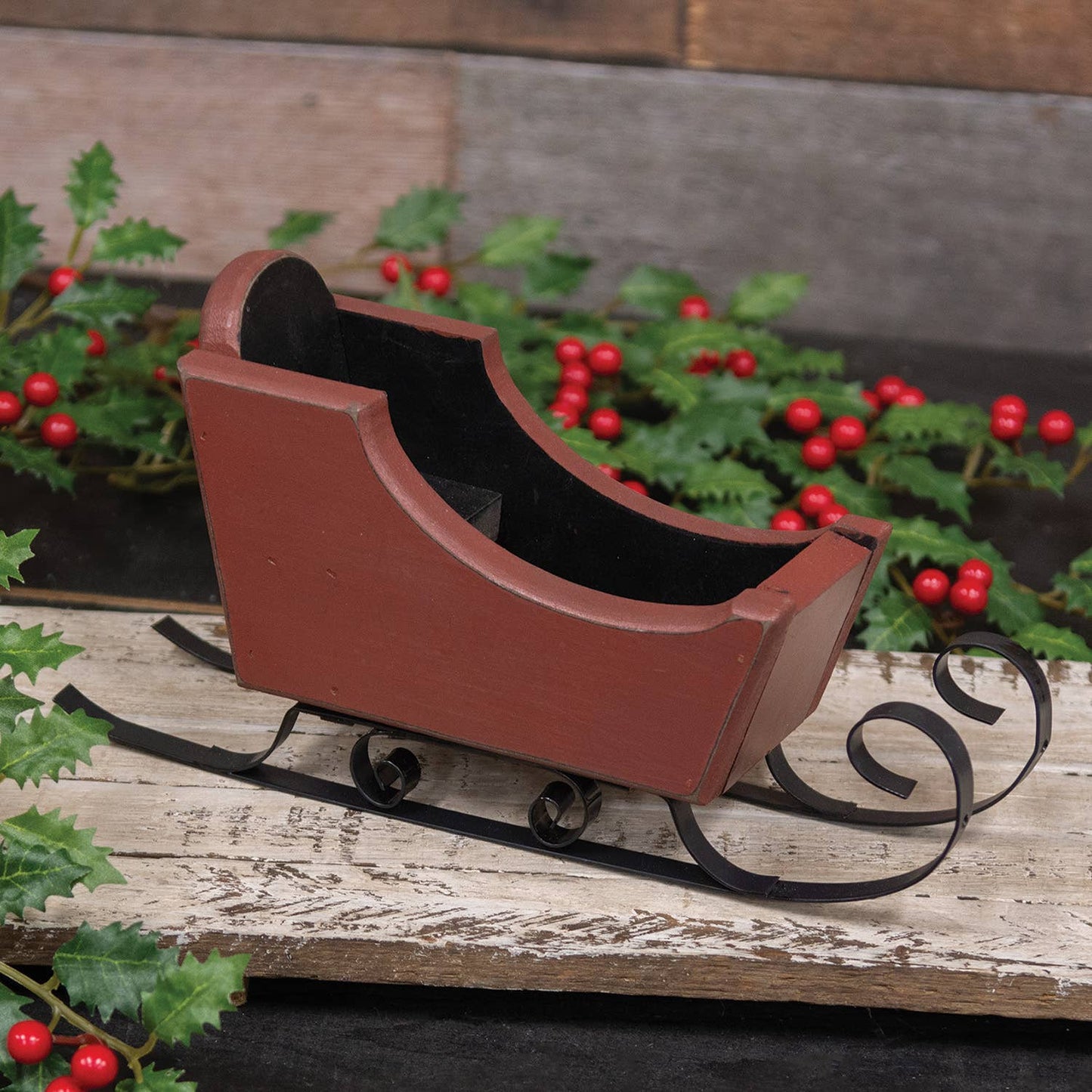 Distressed Red & Black Wooden Sleigh - Early December Drop