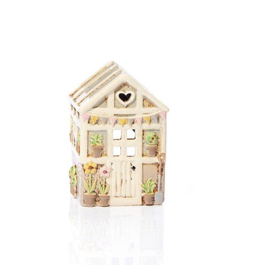 Stoneware Green House with Embossed Flowers Tea Light Holder - Arriving in Store June