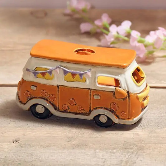 Camping Stoneware Orange Campervan with Embossed Details Candle Holder - Arriving in Store June