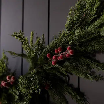 Heritage Frosted Red Berry Norfolk Cypress Garland 6ft - LED Pre Lit - Arriving in Store October