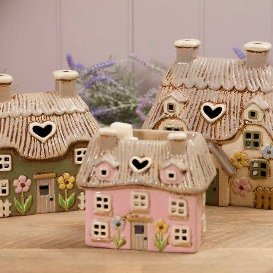 Village Pottery Tealight Large Thatched Cottage with Embossed Flowers and Green Door - Arriving in Store late May