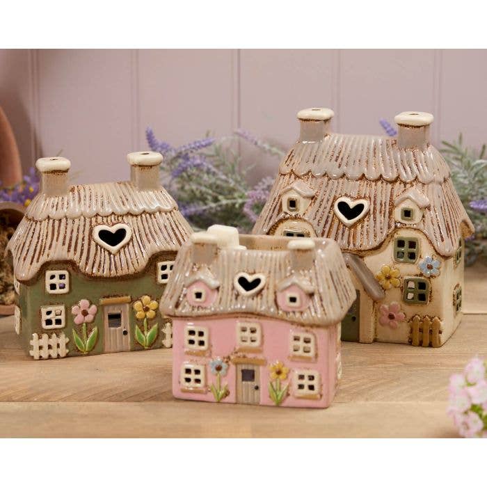 Village Pottery Wax Melt Burner Pink Thatched Cottage with Embossed Flowers - Arriving in Store Mid-May