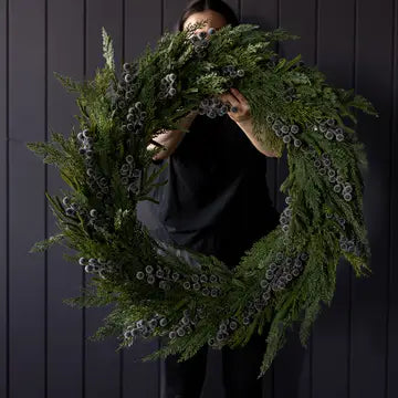 Heritage Frosted Navy Berry Norfolk Cypress Wreath 34" - LED Pre Lit - Arriving in Store October